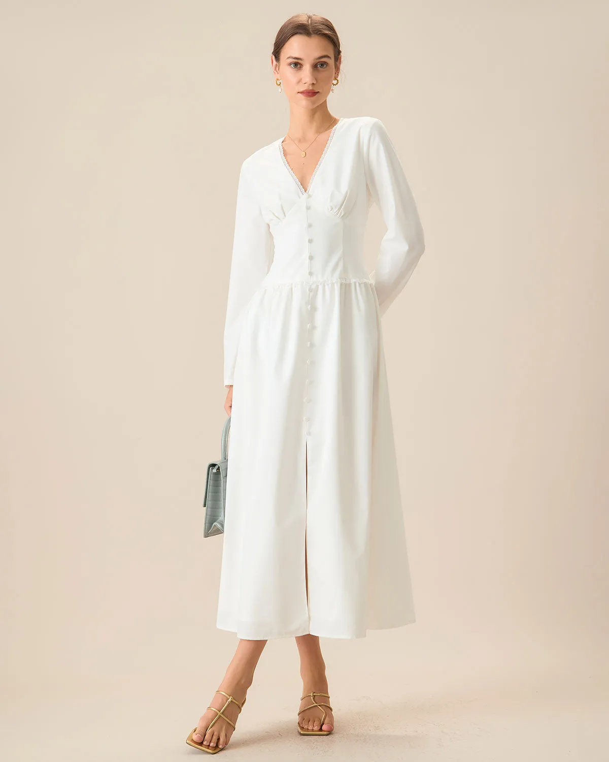 Women's White Ruched Button Maxi Dress